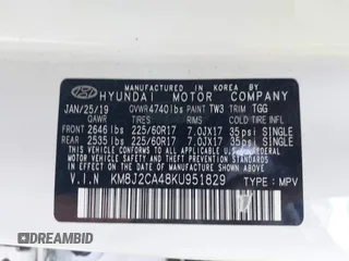 2019 Hyundai Tucson SE with VIN KM8J2CA48KU951829, listed as a IAAI auction lot 41261166 with 100,533 mi miles. Bid and sale history available at carsss.com. Image 9.