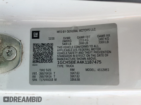 2019 Chevrolet Colorado 2WD Work Truck with VIN 1GCHSBEA4K1187475, listed as a Copart auction lot 56593475 with 115,716 mi miles and Salvage Title. Bid and sale history available at DreamBid. Image 12.