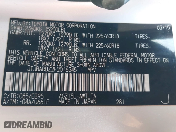 2015 Lexus NX 200t with VIN JTJBARBZ2F2016345, listed as a IAAI auction lot 41413052 with 172,079 mi miles and . Bid and sale history available at DreamBid. Image 9.