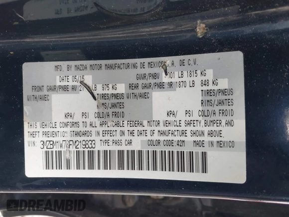 2015 Mazda 3 i Grand Touring with VIN 3MZBM1W78FM219833, listed as a IAAI auction lot 41578872 with 61,138 mi miles and . Bid and sale history available at DreamBid. Image 9.