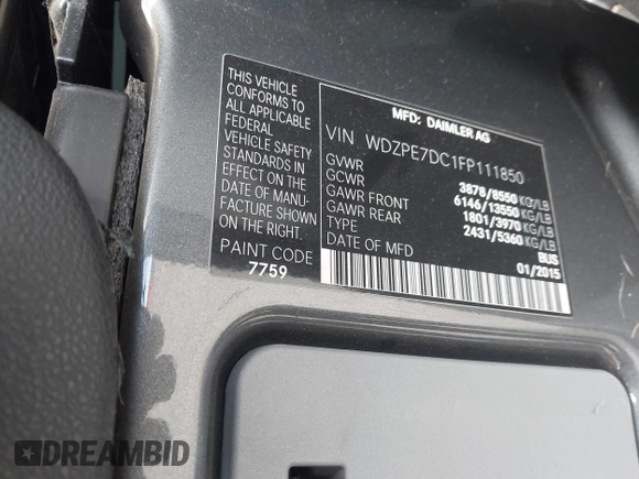 2015 Mercedes-Benz Sprinter Passenger with VIN WDZPE7DC1FP111850, listed as a IAAI auction lot 41920037 with 127,121 mi miles. Bid and sale history available at carsss.com. Image 9.