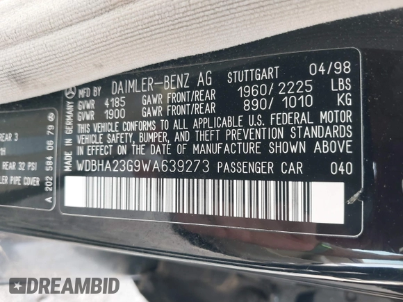 1998 Mercedes-Benz C 230/260/280/320 with VIN WDBHA23G9WA639273, listed as a IAAI auction lot 41721769 with 149,142 mi miles and . Bid and sale history available at carsss.com. Image 9.