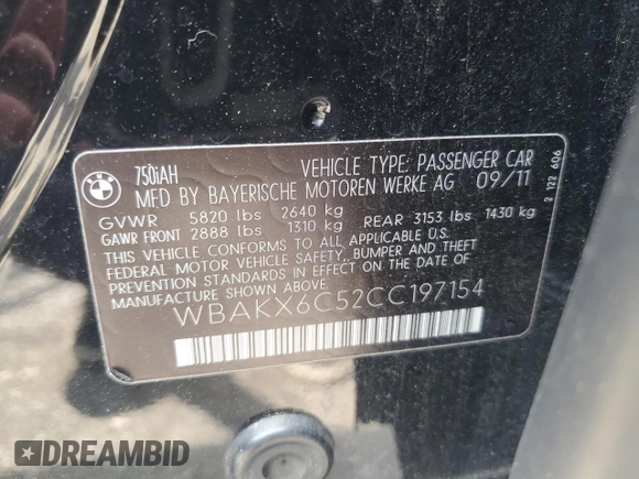 2012 BMW 7 Series with VIN WBAKX6C52CC197154, listed as a Copart auction lot 59897855 with 114,279 mi miles and Clean title. Bid and sale history available at DreamBid. Image 12.
