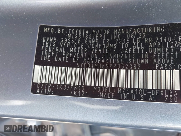 2023 Toyota Corolla LE with VIN 5YFB4MDE9PP052382, listed as a IAAI auction lot 42087565 with 41,170 mi miles and . Bid and sale history available at DreamBid. Image 9.