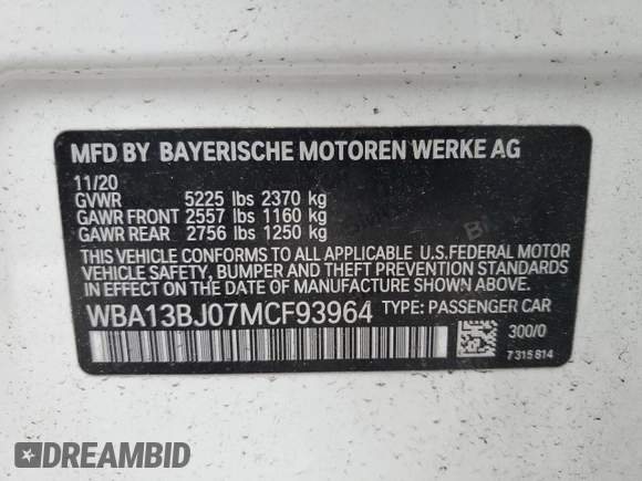 2021 BMW 5 Series 530i xDrive with VIN WBA13BJ07MCF93964, listed as a Copart auction lot 57125345 with 59,216 mi miles and Salvage title. Bid and sale history available at DreamBid. Image 12.