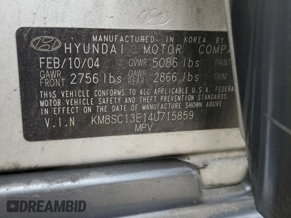 2004 Hyundai Santa Fe GLS with VIN KM8SC13E14U715859, listed as a Copart auction lot 44842925 with 137,411 mi miles and Non Repairable. Bid and sale history available at carsss.com. Image 14.