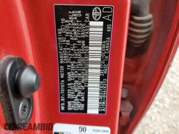 2016 Toyota Corolla L with VIN 2T1BURHE0GC687269, listed as a Copart auction lot 48049545 with 82,084 mi miles and Salvage title. Bid and sale history available at DreamBid. Image 13.