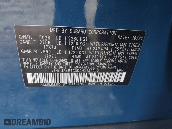 2022 Subaru Outback Wilderness with VIN 4S4BTGUD9N3152012, listed as a IAAI auction lot 42509460 with 39,000 mi miles and . Bid and sale history available at DreamBid. Image 9.