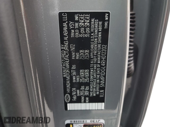 2024 Hyundai Santa Fe SE with VIN 5NMP1DGL4RH012202, listed as a Copart auction lot 81751874 with 5,940 mi miles and Salvage title. Bid and sale history available at DreamBid. Image 16.