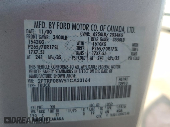 2001 Ford F-150 XL with VIN 2FTRF08W51CA33164, listed as a Copart auction lot 64457855 with Not provided miles and Clean title. Bid and sale history available at DreamBid. Image 12.