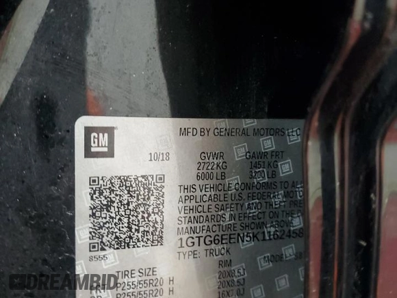 2019 GMC Canyon 4WD Denali with VIN 1GTG6EEN5K1162458, listed as a Copart auction lot 43143385 with 55,047 mi miles and Salvage Title. Bid and sale history available at carsss.com. Image 13.