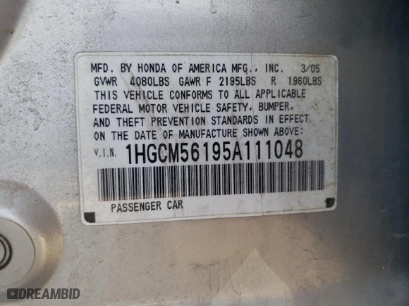 2005 Honda Accord Sdn DX with VIN 1HGCM56195A111048, listed as a Copart auction lot 43404785 with 136,280 mi miles and Salvage Title. Bid and sale history available at carsss.com. Image 12.