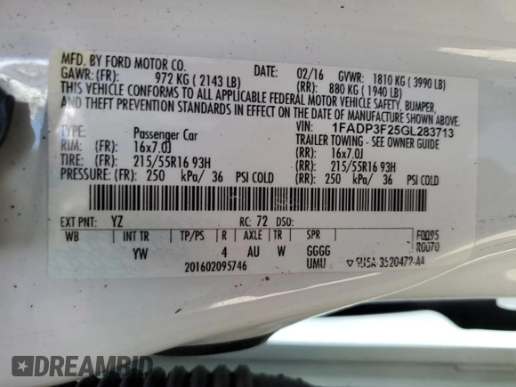 2016 Ford Focus SE with VIN 1FADP3F25GL283713, listed as a Copart auction lot 49515235 with 163,988 mi miles and Clean Title. Bid and sale history available at DreamBid. Image 12.