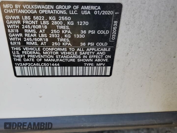 2020 Volkswagen Atlas S z VIN 1V2AP2CA6LC501444, wystawiony jako Copart lot #69373594 z przebiegiem 80 795 mil mil oraz Szkoda całkowita • Salvage title. Historia ofert i sprzedaży dostępna na DreamBid. Obrazek 13.