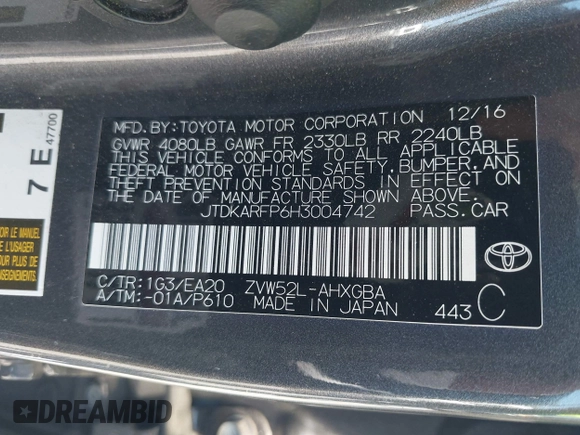 2017 Toyota Prius Plus with VIN JTDKARFP6H3004742, listed as a IAAI auction lot 42771447 with 88,862 mi miles and . Bid and sale history available at DreamBid. Image 9.