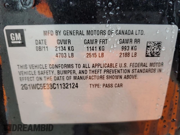 2012 Chevrolet Impala LTZ with VIN 2G1WC5E33C1132124, listed as a Copart auction lot 51181215 with 147,500 mi miles and Salvage Title. Bid and sale history available at DreamBid. Image 13.