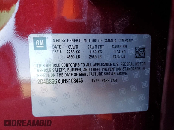 2017 Buick Regal Premium II with VIN 2G4GS5GX0H9108446, listed as a Copart auction lot 48106055 with 107,985 mi miles and Salvage Title. Bid and sale history available at DreamBid. Image 14.
