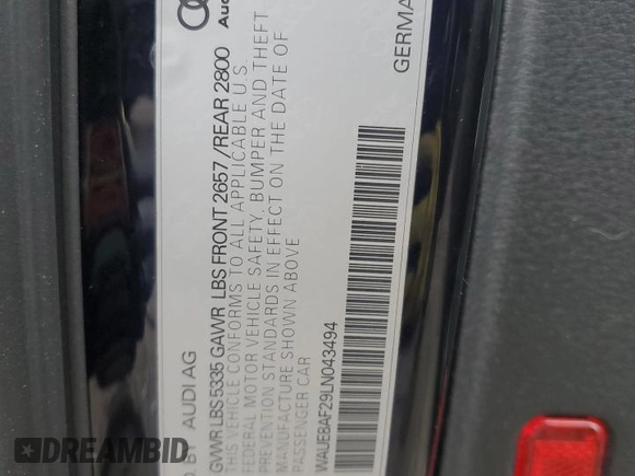 2020 Audi A6 Premium Plus with VIN WAUE8AF29LN043494, listed as a Copart auction lot 45600245 with 36,260 mi miles and Salvage Title. Bid and sale history available at carsss.com. Image 13.