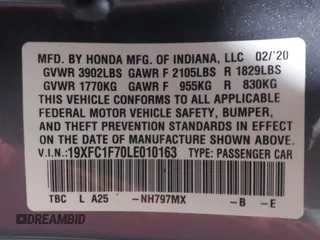 2020 Honda Civic EX-L with VIN 19XFC1F70LE010163, listed as a IAAI auction lot 41306532 with 88,767 mi miles and . Bid and sale history available at DreamBid. Image 9.