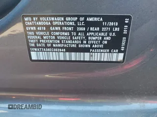2014 Volkswagen Passat Wolfsburg Edition with VIN 1VWAT7A36EC052846, listed as a IAAI auction lot 42467068 with 186,162 mi miles and . Bid and sale history available at DreamBid. Image 9.
