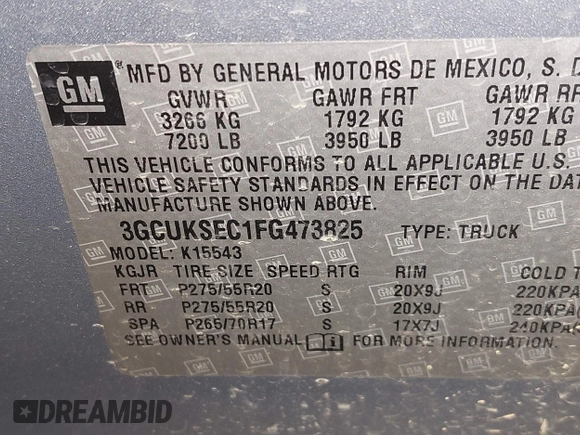 2015 Chevrolet Silverado 1500 LTZ with VIN 3GCUKSEC1FG473825, listed as a IAAI auction lot 41710553 with 212,959 mi miles and . Bid and sale history available at DreamBid. Image 9.