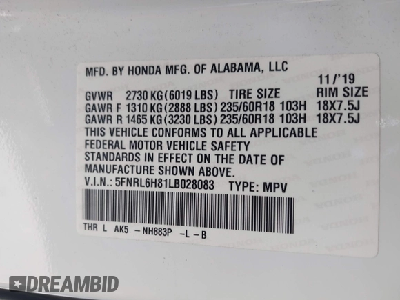 2020 Honda Odyssey Touring with VIN 5FNRL6H81LB028083, listed as a IAAI auction lot 42003810 with 71,536 mi miles and . Bid and sale history available at DreamBid. Image 9.