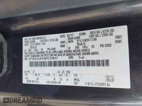 2017 Ford F-150 XL with VIN 1FTEX1CP1HFC17811, listed as a IAAI auction lot 42292048 with 80,841 mi miles and . Bid and sale history available at DreamBid. Image 9.