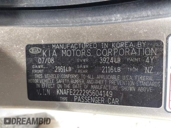 2009 Kia Spectra EX with VIN KNAFE222295604149, listed as a IAAI auction lot 42112191 with 110,708 mi miles and . Bid and sale history available at DreamBid. Image 9.
