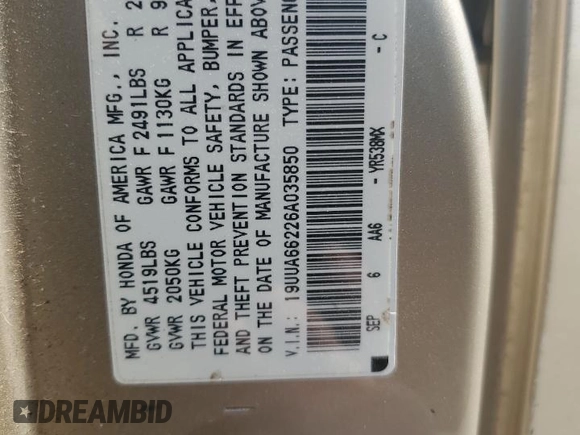 2006 Acura TL with VIN 19UUA66226A035850, listed as a Copart auction lot 51010495 with 0 mi miles and Salvage Title. Bid and sale history available at carsss.com. Image 15.