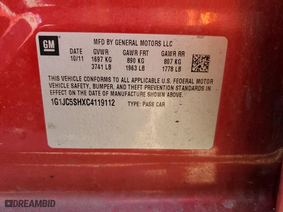 2012 Chevrolet Sonic LT with VIN 1G1JC5SHXC4119112, listed as a Copart auction lot 47313665 with 141,587 mi miles and Salvage Title. Bid and sale history available at carsss.com. Image 14.