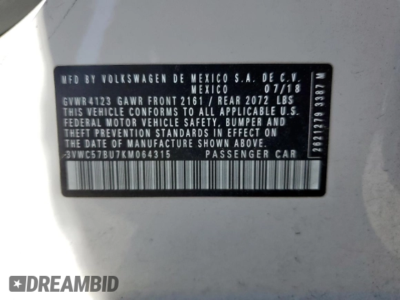 2019 Volkswagen Jetta S with VIN 3VWC57BU7KM064315, listed as a Copart auction lot 57457975 with 129,596 mi miles and Salvage title. Bid and sale history available at DreamBid. Image 12.