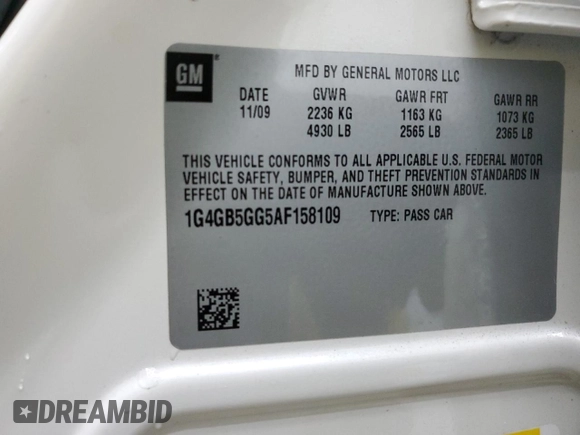 2010 Buick LaCrosse with VIN 1G4GB5GG5AF158109, listed as a Copart auction lot 72920344 with 118,417 mi miles and Non repairable. Bid and sale history available at DreamBid. Image 13.