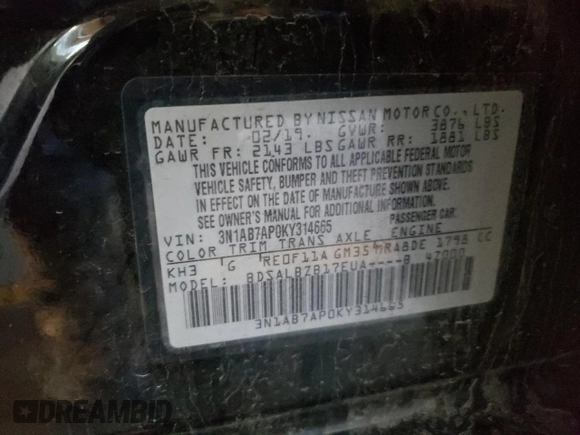 2019 Nissan Sentra S z VIN 3N1AB7AP0KY314665, wystawiony jako Copart lot #38094454 z przebiegiem 82 611 mil mil oraz Szkoda całkowita • Salvage title. Historia ofert i sprzedaży dostępna na DreamBid. Obrazek 15.