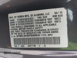 2015 Honda Odyssey Touring Elite with VIN 5FNRL5H99FB089642, listed as a IAAI auction lot 42591786 with 100,755 mi miles and . Bid and sale history available at DreamBid. Image 9.