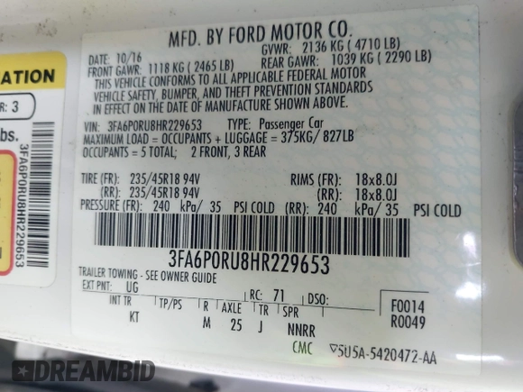 2017 Ford Fusion Hybrid Titanium with VIN 3FA6P0RU8HR229653, listed as a IAAI auction lot 42445182 with 163,279 mi miles and . Bid and sale history available at DreamBid. Image 9.