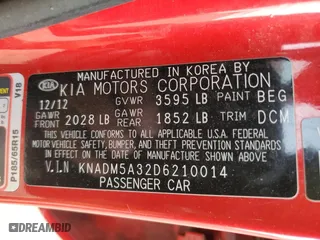 2013 Kia Rio LX with VIN KNADM5A32D6210014, listed as a Copart auction lot 86190454 with 160,175 mi miles and Salvage Title. Bid and sale history available at carsss.com. Image 12.