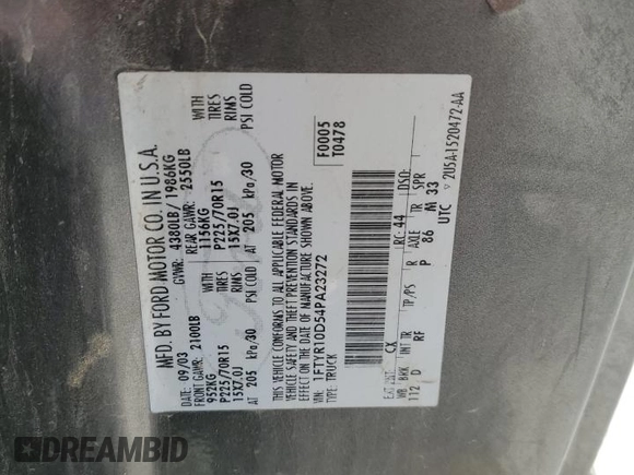 2004 Ford Ranger XL with VIN 1FTYR10D54PA23272, listed as a Copart auction lot 61907895 with 227,114 mi miles and Salvage title. Bid and sale history available at DreamBid. Image 12.