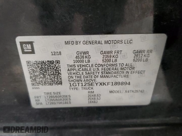 2019 GMC Sierra 2500HD Denali with VIN 1GT12SEYXKF189894, listed as a Copart auction lot 81672094 with 224,685 mi miles and Salvage Title. Bid and sale history available at carsss.com. Image 14.