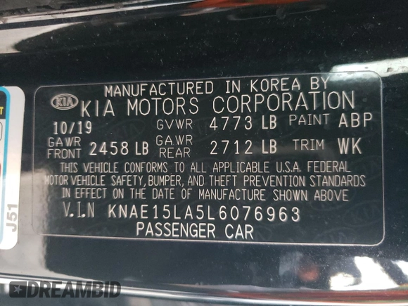 2020 Kia Stinger GT-Line with VIN KNAE15LA5L6076963, listed as a Copart auction lot 79662304 with Not Provided miles and Non Repairable. Bid and sale history available at DreamBid. Image 12.