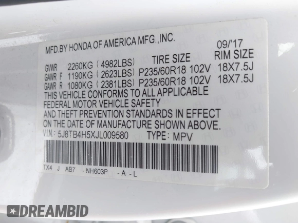 2018 Acura RDX w/Technology Pkg with VIN 5J8TB4H5XJL009580, listed as a IAAI auction lot 41592237 with 1 mi miles. Bid and sale history available at carsss.com. Image 9.