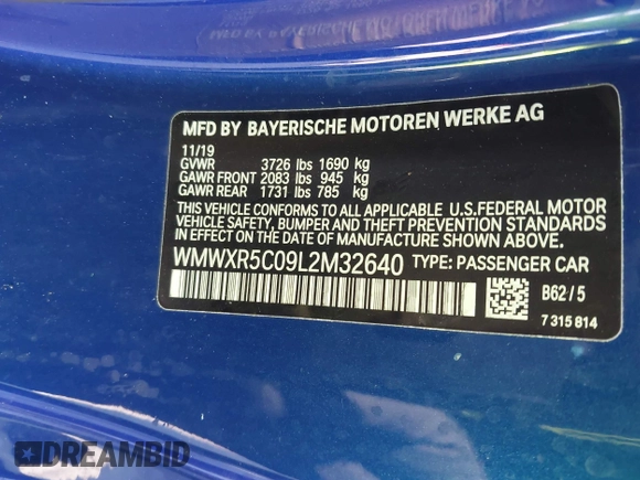 2020 MINI Hardtop Cooper S z VIN WMWXR5C09L2M32640, wystawiony jako IAAI lot #41463311 z przebiegiem 62 050 mil mil oraz . Historia ofert i sprzedaży dostępna na DreamBid. Obrazek 9.
