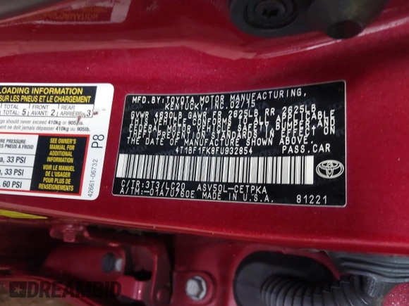 2015 Toyota Camry XLE with VIN 4T1BF1FK8FU932854, listed as a IAAI auction lot 41872099 with Not Provided miles and . Bid and sale history available at DreamBid. Image 9.