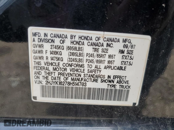 2008 Honda Ridgeline RT with VIN 2HJYK16278H514703, listed as a Copart auction lot 56307545 with 218,338 mi miles and Clean title. Bid and sale history available at DreamBid. Image 12.