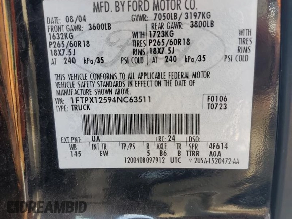 2004 Ford F-150 XL with VIN 1FTPX12594NC63511, listed as a Copart auction lot 57805915 with 172,381 mi miles and Salvage title. Bid and sale history available at DreamBid. Image 12.