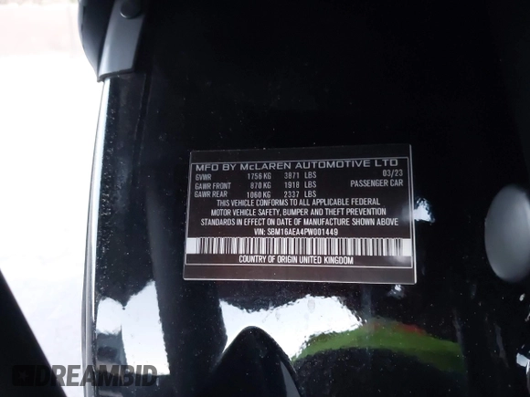 2023 McLaren Artura z VIN SBM16AEA4PW001449, wystawiony jako IAAI lot #41347791 z przebiegiem 4703 mil mil oraz . Historia ofert i sprzedaży dostępna na DreamBid. Obrazek 9.