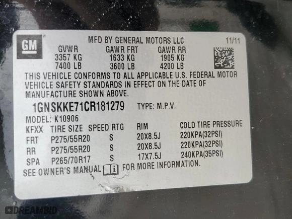 2012 Chevrolet Suburban LTZ with VIN 1GNSKKE71CR181279, listed as a Copart auction lot 46655645 with 178,183 mi miles and Salvage Title. Bid and sale history available at carsss.com. Image 15.