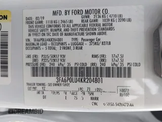 2019 Ford Fusion SE with VIN 3FA6P0LU4KR204801, listed as a IAAI auction lot 41977106 with 101,675 mi miles. Bid and sale history available at carsss.com. Image 9.