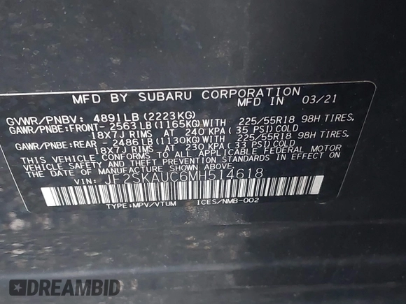 2021 Subaru Forester Limited z VIN JF2SKAUC6MH514618, wystawiony jako IAAI lot #42323505 z przebiegiem 41 285 mil mil oraz . Historia ofert i sprzedaży dostępna na DreamBid. Obrazek 9.