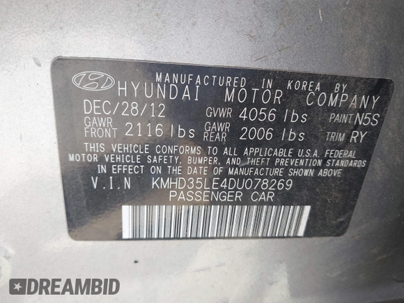 2013 Hyundai Elantra GT with VIN KMHD35LE4DU078269, listed as a IAAI auction lot 41811795 with 116,458 mi miles. Bid and sale history available at carsss.com. Image 9.
