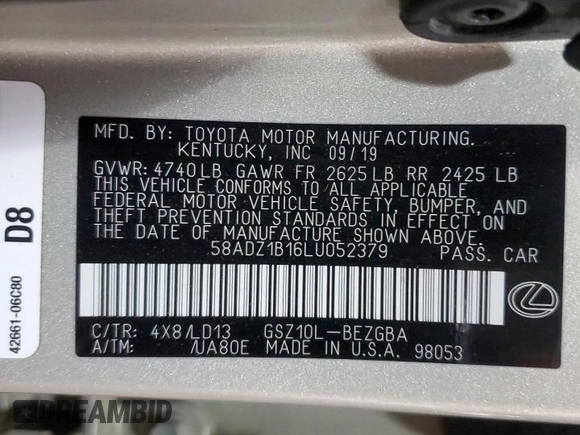 2020 Lexus ES with VIN 58ADZ1B16LU052379, listed as a Copart auction lot 49985915 with 107,802 mi miles and Clean Title. Bid and sale history available at carsss.com. Image 12.